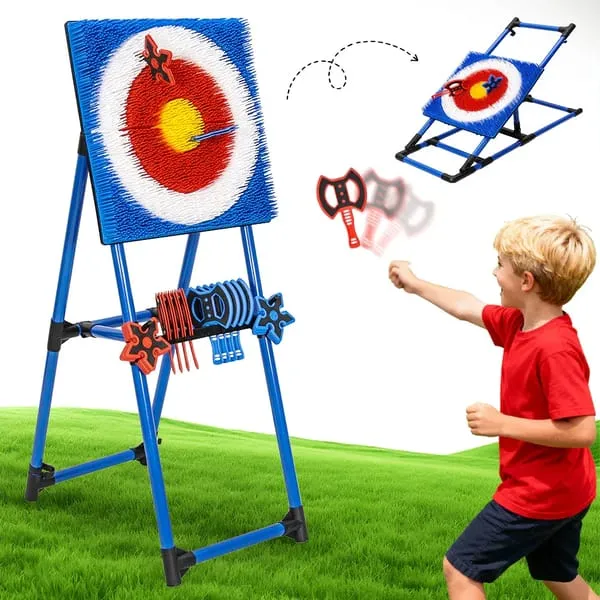 Axe Throwing Bristle Target Set with 8 Throwing Safety Axes and Ninja Stars Flexible Stand for Kids Adults and Family
