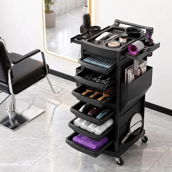 Embellir Salon Trolley 2 Lockable Doors 6 Tier Trays Mobile Hair Cart Black