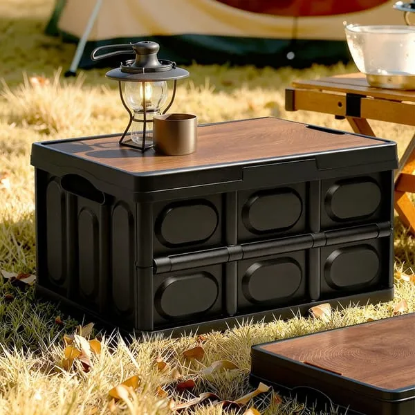 Gardeon Collapsible Outdoor Storage Box 50L Stackable Folding Camping Organizer Plywood Lid Black
