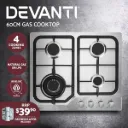 Devanti Gas Cooktop 60cm 4 Burner Silvir