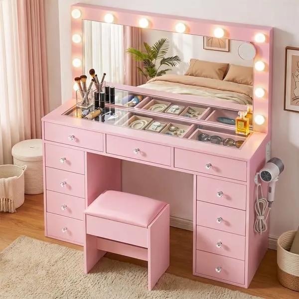 Artiss Dressing Table Charging Station LED Vanity Desk Set Stool Glass Top Make up Mirror Storage Drawer Pink
