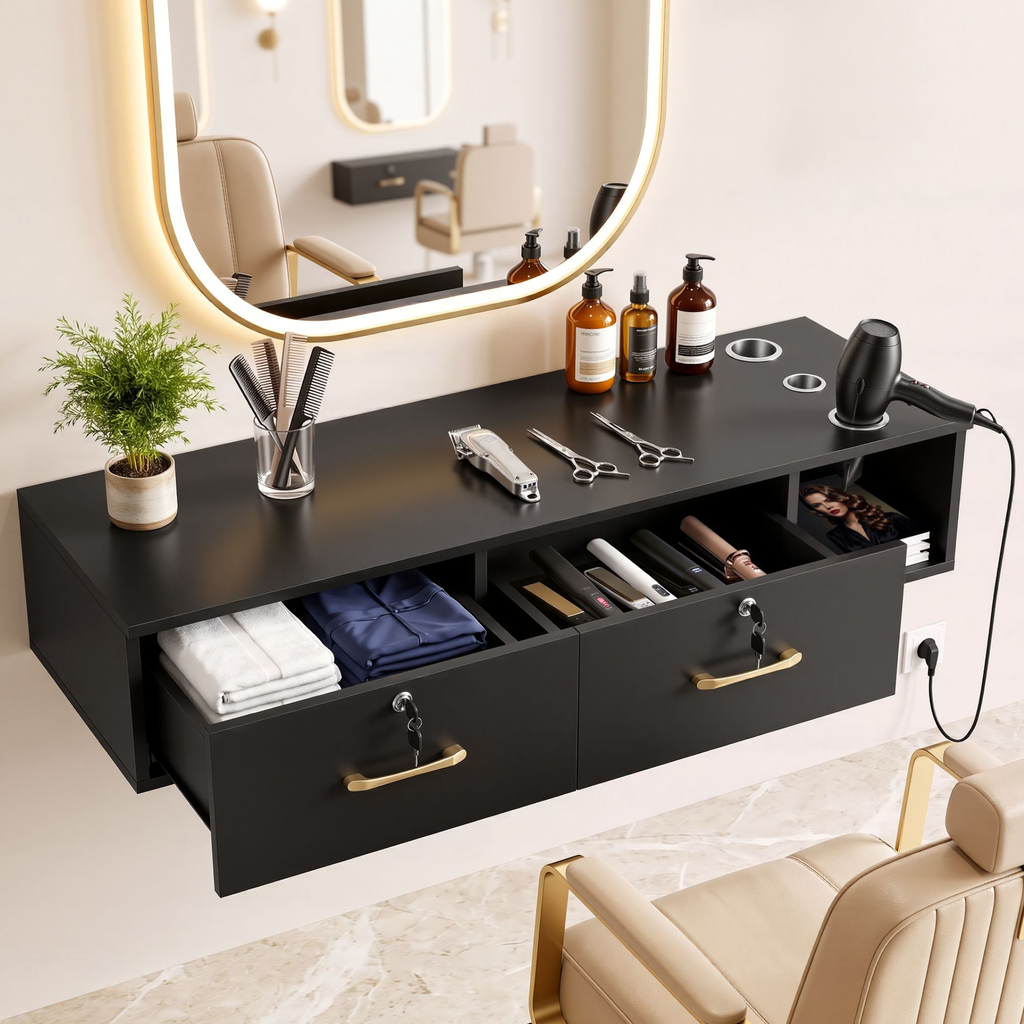 Artiss Wall Mounted Salon Station Cabinet, 2 Lockable Drawers & 3 Appliance Holders Black