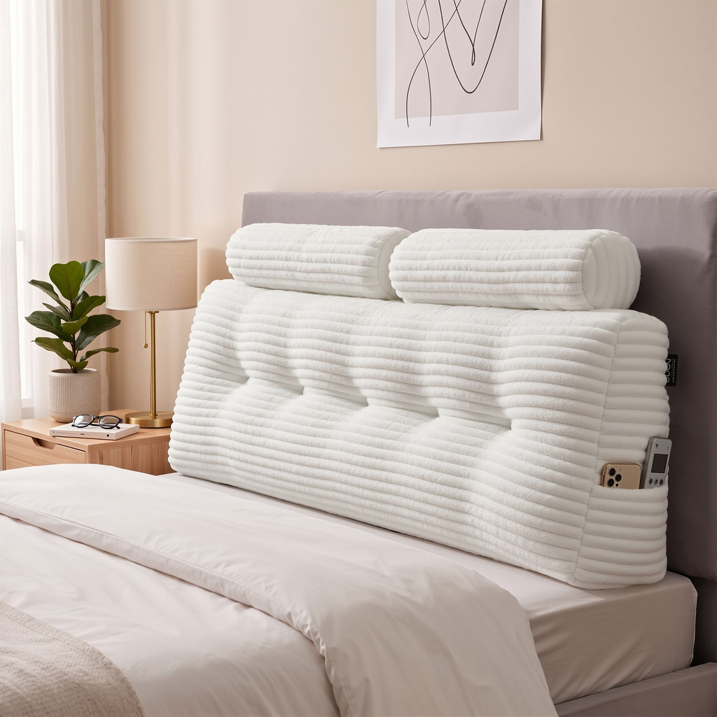 Giselle wedge pillow headboard with non-flattening shredded foam core, Queen