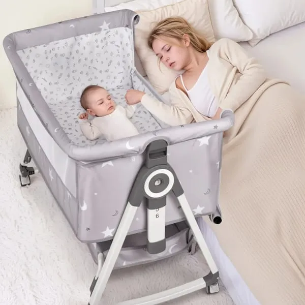 3-in-1 Grey Baby Bassinet Bedside Crib with Adjustable Height, Mosquito Net & Storage Basket