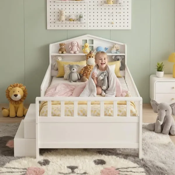 Artiss Single Bed Frame with 2 Storage Drawers, Montessori Bed with Headboard, 2 USB Ports & Led Light, White