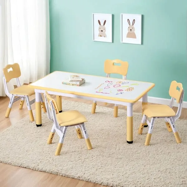 Keezi Kids Table and 4 Chairs Set Height Adjustable Toddler Desk and Chair Set for Ages 3-8