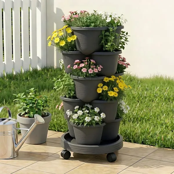 Green Fingers 5 Tier Vertical Garden Planter, Stackable Planters with 4 Wheels