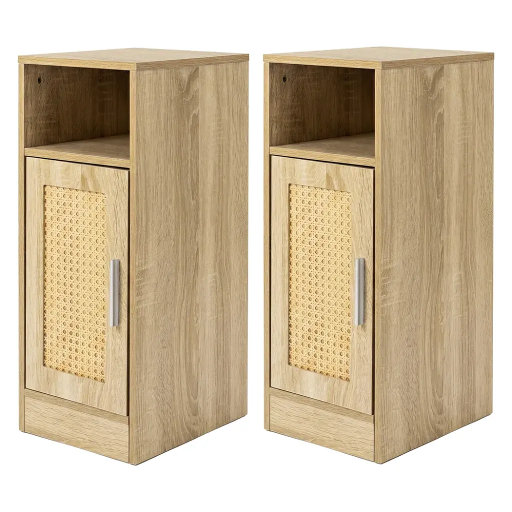 Levede Narrow Bedside Table 2 Pcs with Storage Boho Rattan Wood