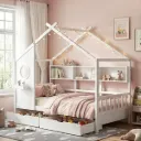 Artiss Kids Single Bed Frame with 3 Storage Bookcase & 2 Drawers House Bed Solid Wood Montessori Bed Easy Assembly White