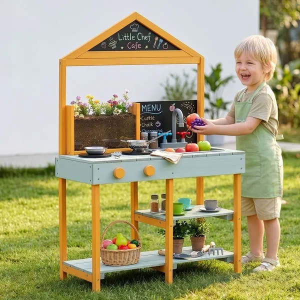 Keezi Kids Mud Kitchen Play Kitchen Toy Kitchen Set with Blackboard 110cm