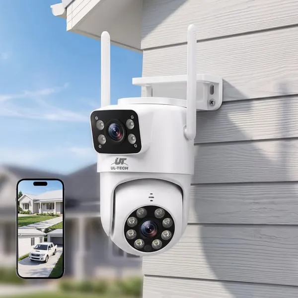 UL-Tech Wireless Security Camera Outdoor Indoor, 2.5K Dual Lens Pan Tilt, 4MP (2×2MP) IP Camera, Motion Detection, Auto-Tracking