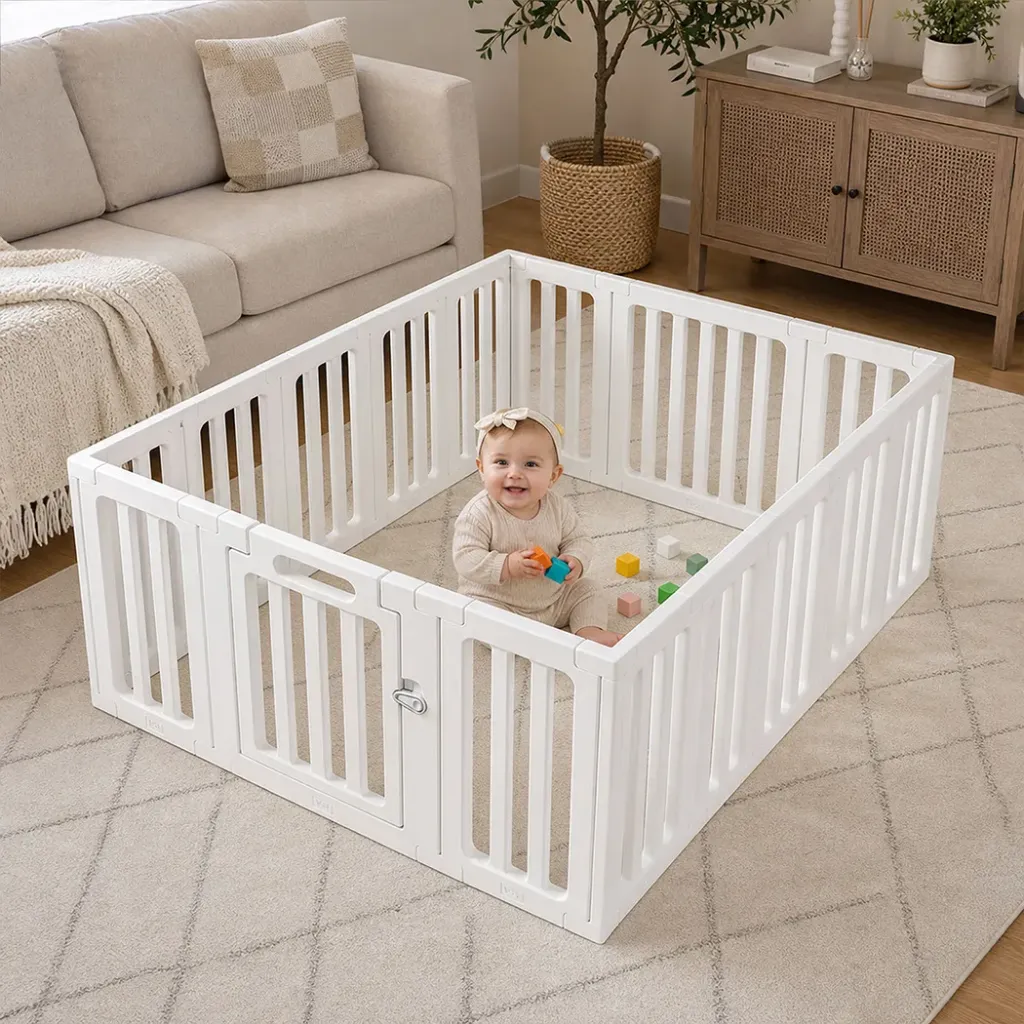 BoPeep Large Baby Playpen HDPE Safety Fence with 36 Suction Cups Indoor White 14 small + 2 large panels