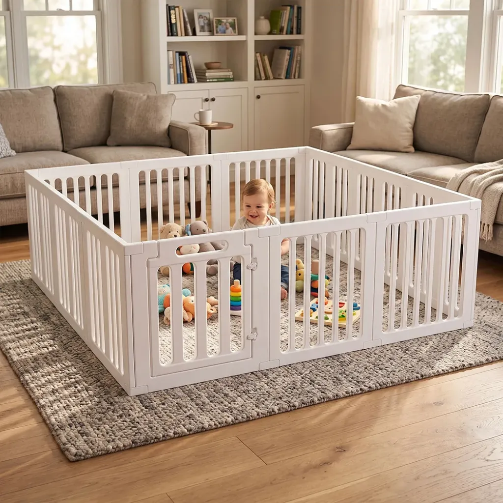 BoPeep Large Baby Playpen HDPE Safety Fence with 36 Suction Cups Indoor White 12 small + 6 large panels