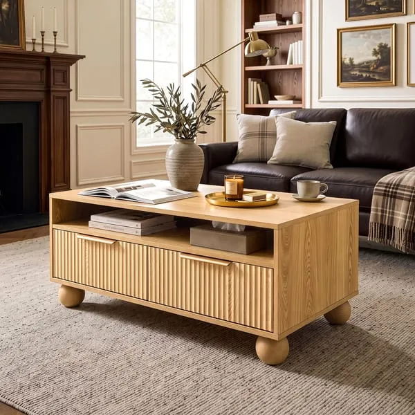 Artiss Coffee Table 90cm Center Table Fluted Drawers Open Shelf Spherical Solid Legs Wood