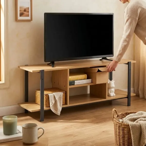 CARLA HOME TV Stand Entertainment Console - Open Shelves - Oak - Brown - Rustic - Steel