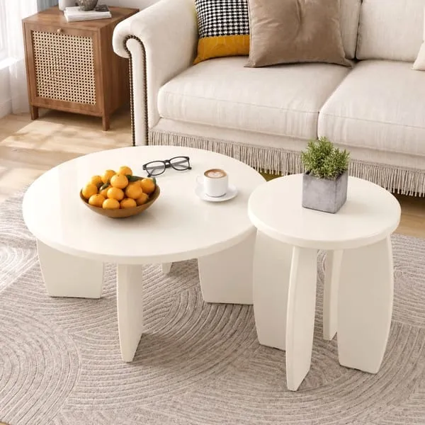 Artiss Coffee Table Set of 2 High Gloss Round Side Bedside Table Wood Living Room Cream