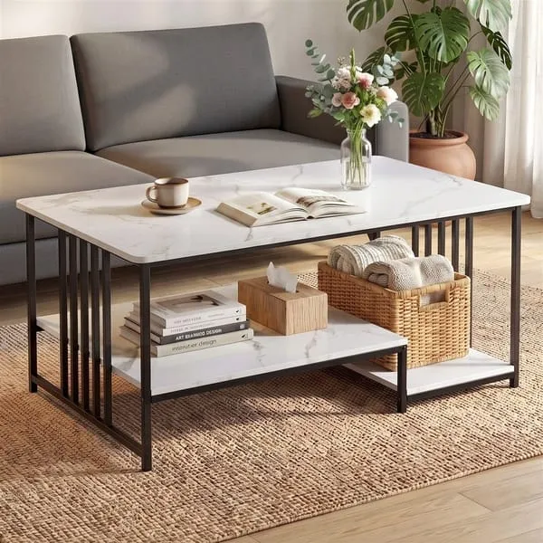 Artiss Coffee Table 100cm Faux Marble Finish Center Table 2-Tier Storage White&Black
