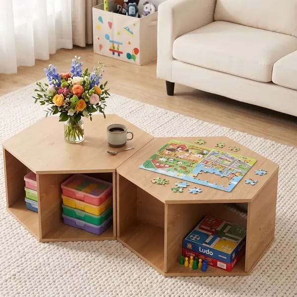 Artiss Coffee Table Hexagonal Center Table with Open Storage 2-Way Display Side Table Wood Set of 2