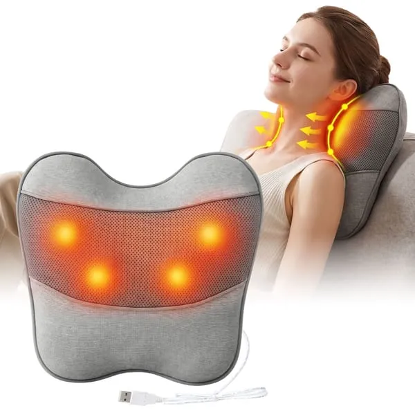 Livemor Back Massager with Heat, USB Neck and Shoulder Massage Pillow, 3-Speed Ergonomic Lumbar Support Cushion