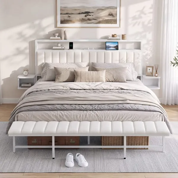 Artiss King Metal Bed Frame Boucle Headboard Charging Station Side Table White