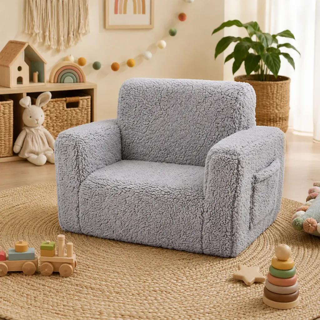 BoPeep Kids Sofa Fold Out Couch 2 In 1 Plush Toddler Lounger for Playroom Grey