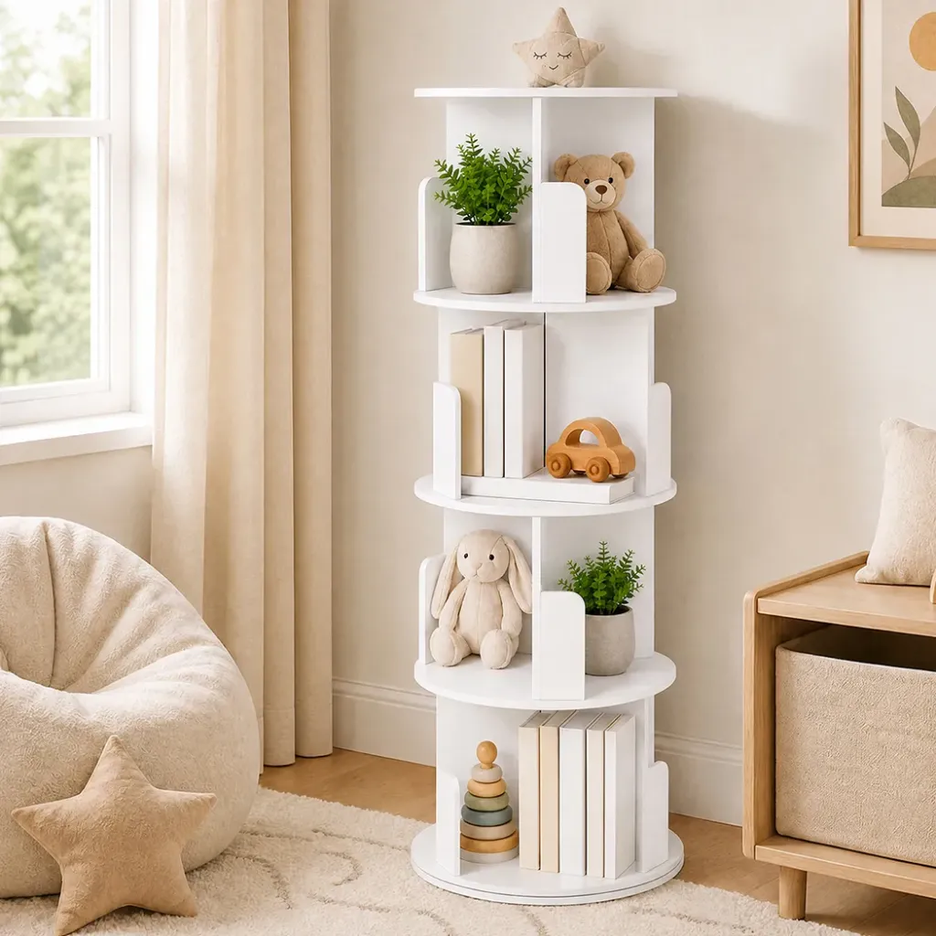 Levede Rotating Bookshelf Corner 4 Tier 3-Section Storage Display 5kg Home White