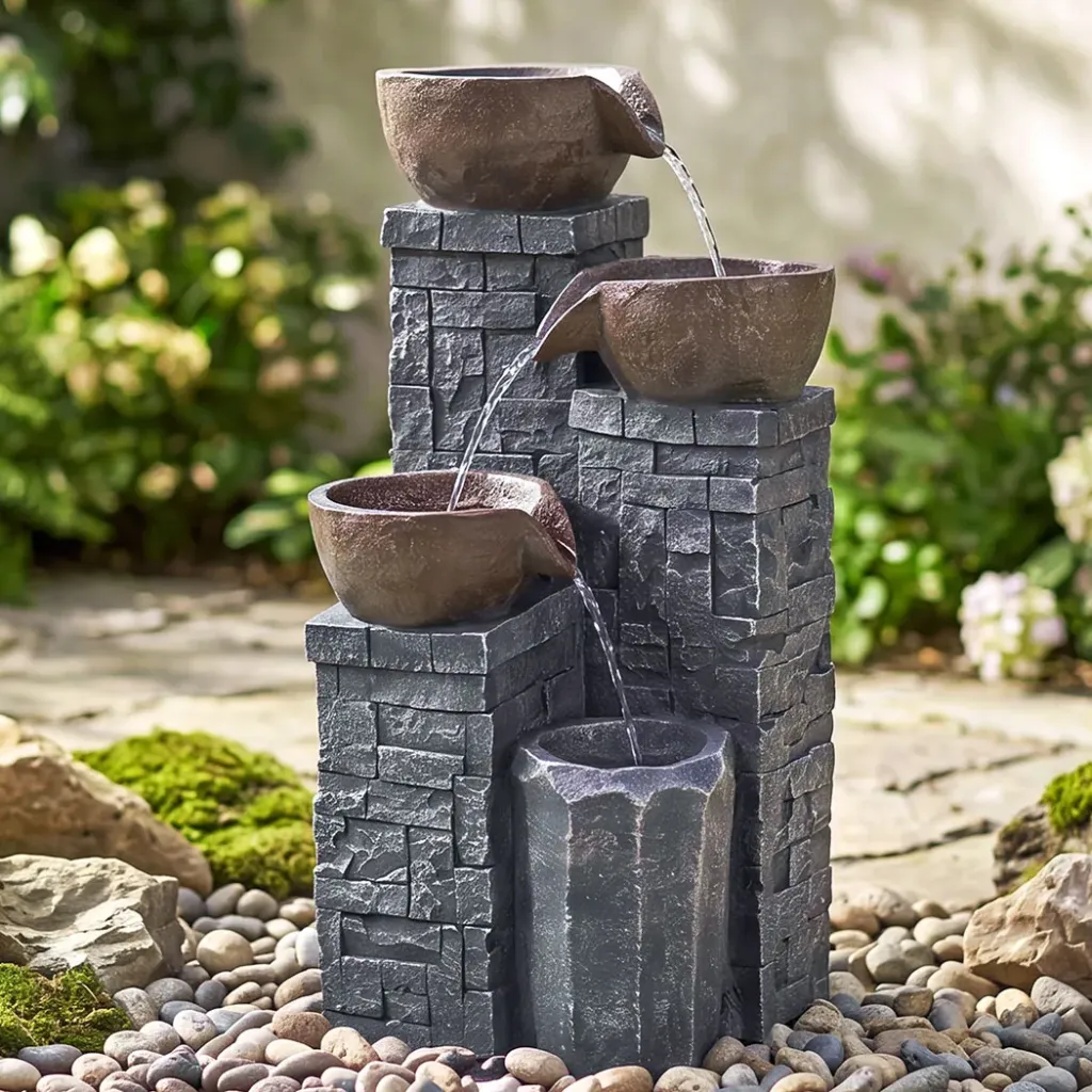 Levede Water Fountain Feature 4 Tier LED Resin Outdoor for Garden Patio Grey