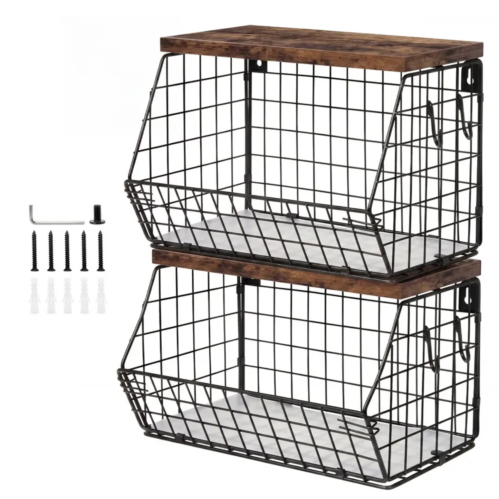 Toque Fruit Snack Storage Basket 2PCS Stackable Wall Mounted Kitchen Wood Lid
