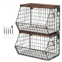 Toque Fruit Snack Storage Basket 2PCS Stackable Wall Mounted Kitchen Wood Lid