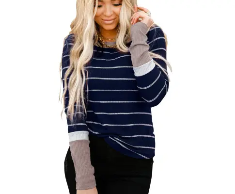 Azura Exchange Color Block Cuffs Rib Knit Striped Pullover 