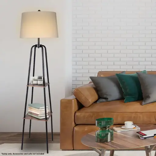 SARANTINO METAL ETAGERE FLOOR LAMP SHADE WITH SHELF IN WOOD GRAIN FINISH