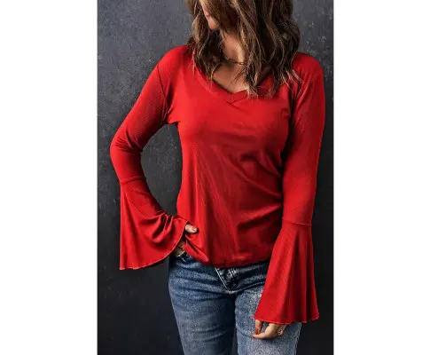 Azura Exchange V Neck Bell Sleeve Knit Top 