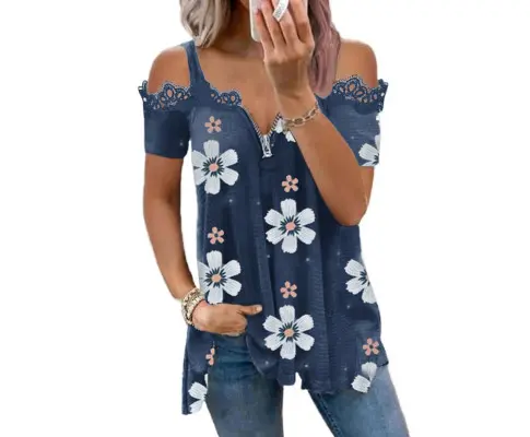 Azura Exchange Floral Print Lace Contrast Cold Shoulder T-Shirt 