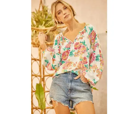 Azura Exchange Pleated Puff Sleeve Blouse with V Neck and Floral Design 