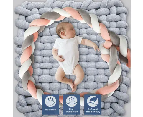 4M Kid Cot Bumper Braid Pillow Nursery Newborn Crib Bed Padded Protector Decor Gray+White+Pink