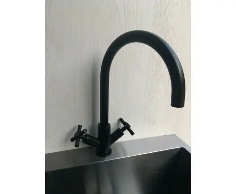 Matte Black Cross 1/4 turn hot cold Solid stainless steel goose neck Swivel Kitchen tap