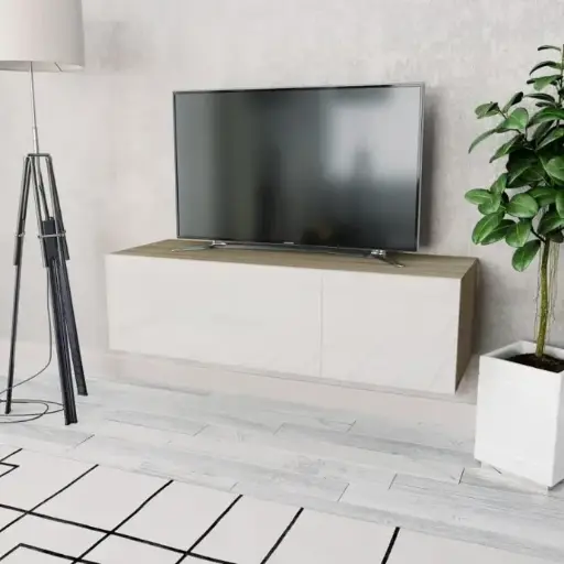 TV CABINET CHIPBOARD 120X40X34 CM HIGH GLOSS WHITE AND OAK