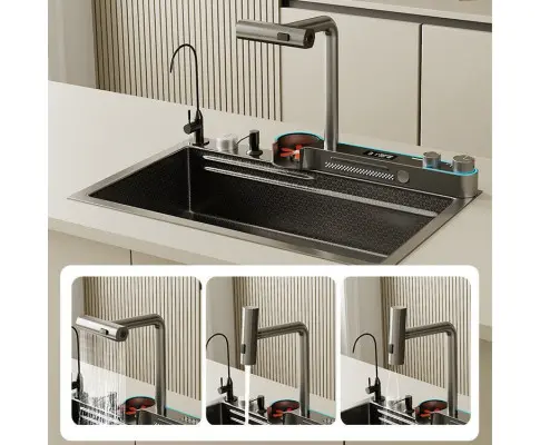 2024 Integrated Waterfall Kitchen Sink Honeycomb Technology Large Digitial Display Stainless Steel Water Filter Cup Washer