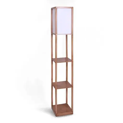 SARANTINO ETAGERE FLOOR LAMP OFF-WHITE FABRIC SHADE OAK WOOD FINISH
