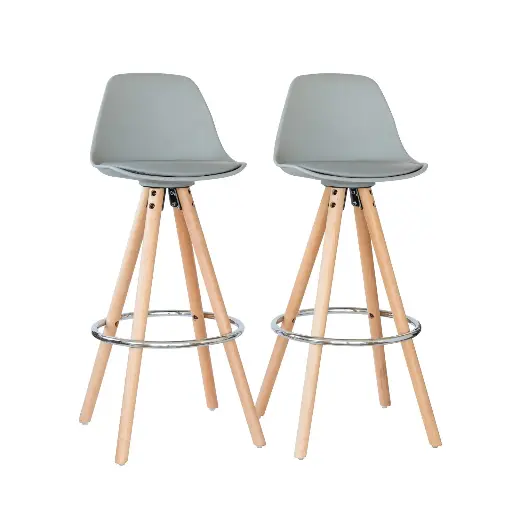 2 x PU Leather Padded Barstools (Light Grey/Wood) with Metal Footrest