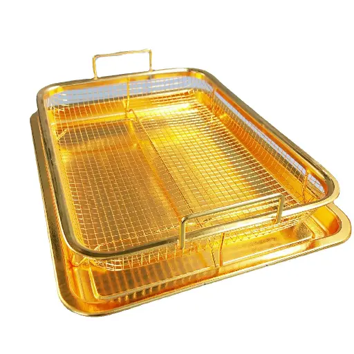 BBQ Square Non-Stick Stainless Steel Grill Basket - Gold Color, Small Size (30*22*5.5 cm)