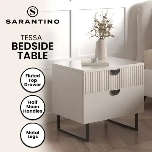 Sarantino Tessa Fluted 2-Drawer Bedside Table - Taupe