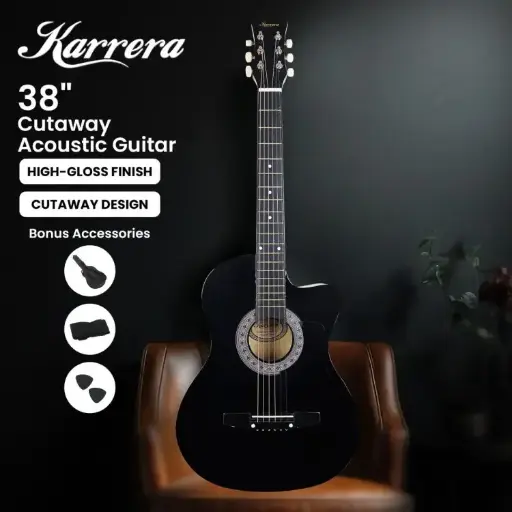 38in Karrera Cutaway Acoustic Guitar with Guitar Bag - Black