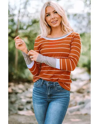 Azura Exchange Color Block Rib Knit Striped Pullover 