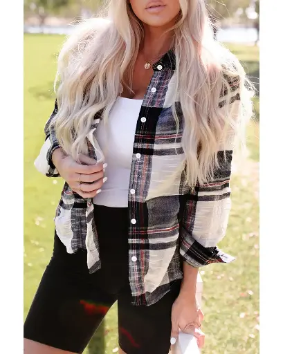 Azura Exchange Plaid Print Shirt with Distressed Raw Edge