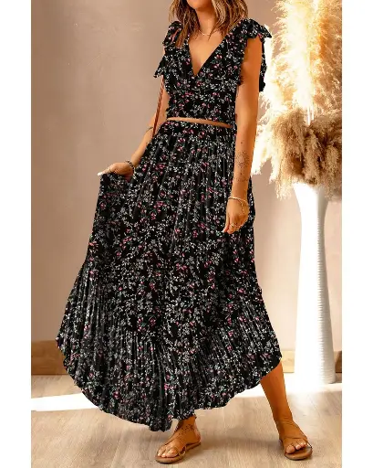 Azura Exchange Floral Ruffled Crop Top and Maxi Skirt Set