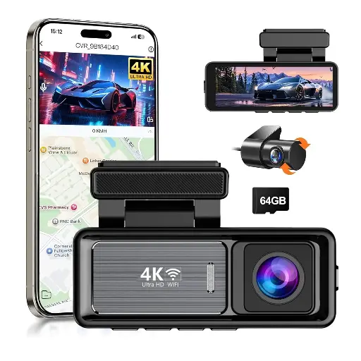4K Wifi Dash Cam Front, 1080P In-Car Rear Dual Recording with GPS 64GB Card