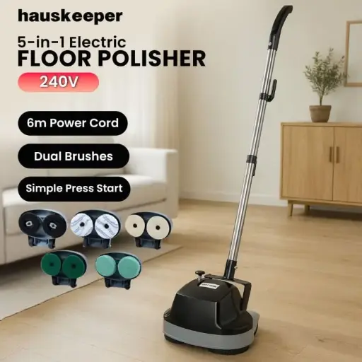 Hauskeeper 5 in 1 Electric Floor Polisher 6M Power Cable Timber Hard Waxer Buffer Cleaner Black 240V GEN2