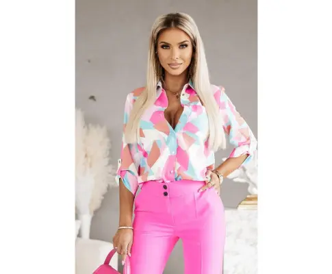 Azura Exchange Geometric Block Printed Roll Tab Sleeve Shirt 