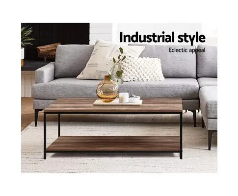 [98] Artiss Coffee Table Wooden Rustic Vintage Storage Shelf Metal Frame Black